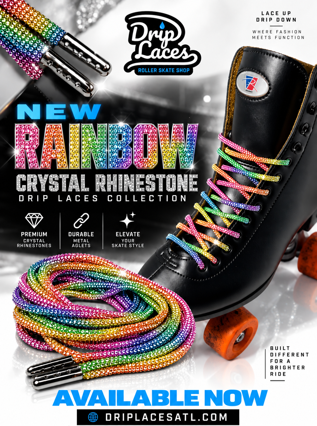 Rainbow Crystal Rhinestone Roller Skate Laces