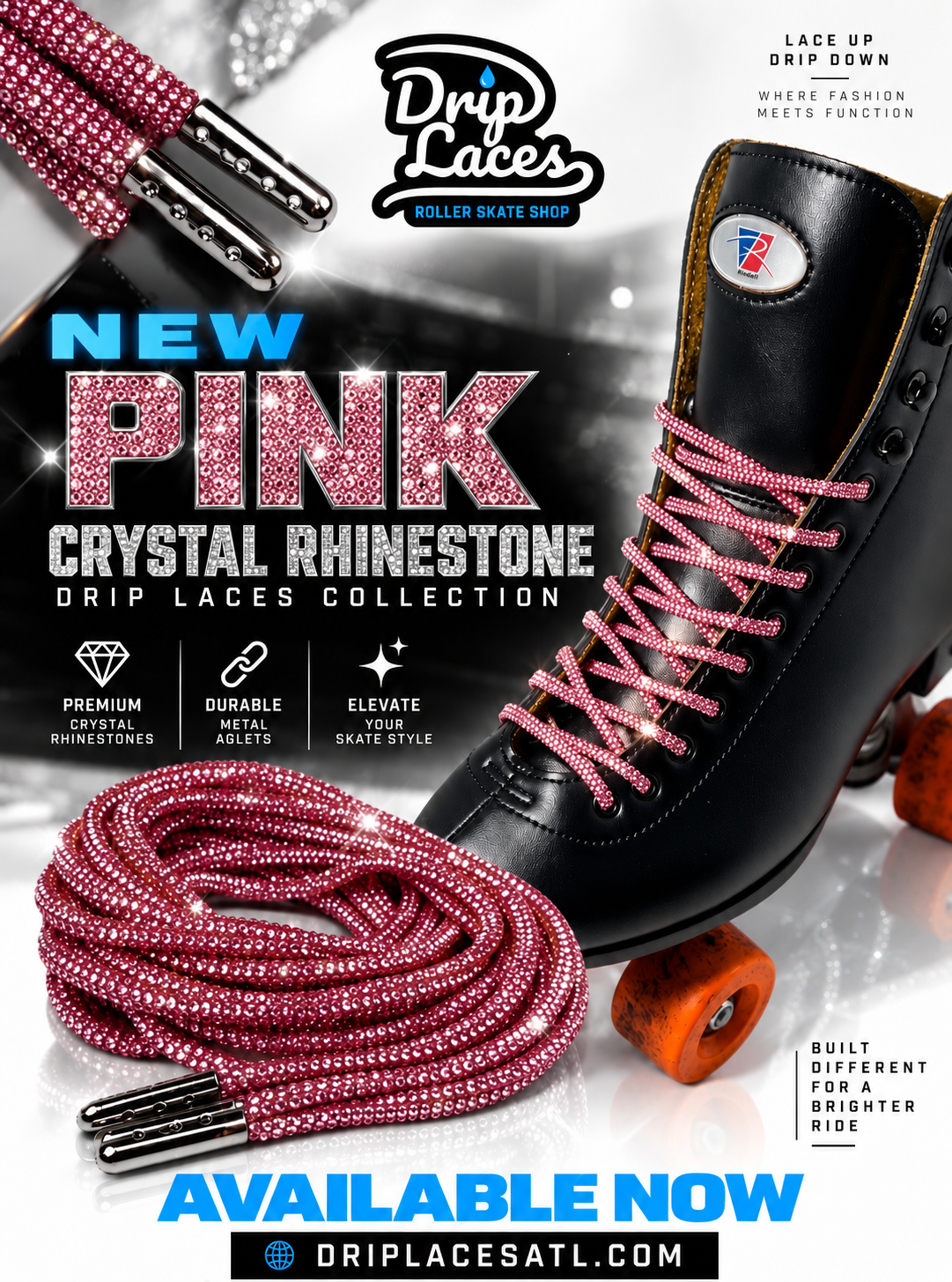 Pink Crush Crystal Rhinestone Roller Skate Laces