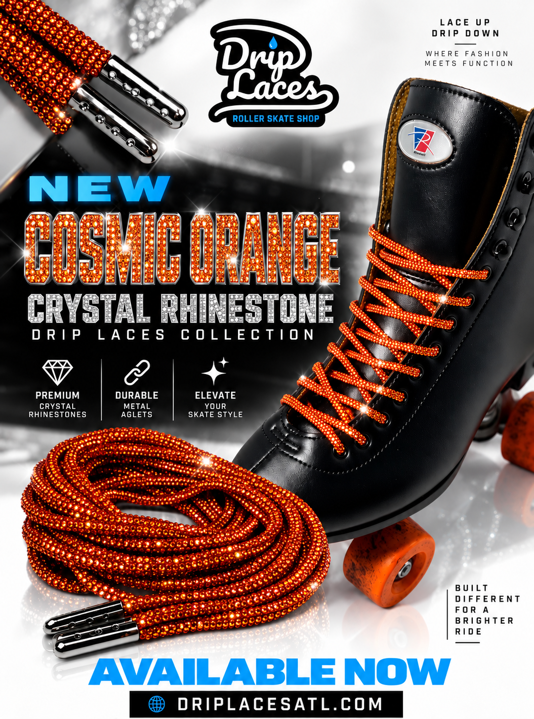Cosmic Orange Crystal Rhinestone Roller Skate Laces