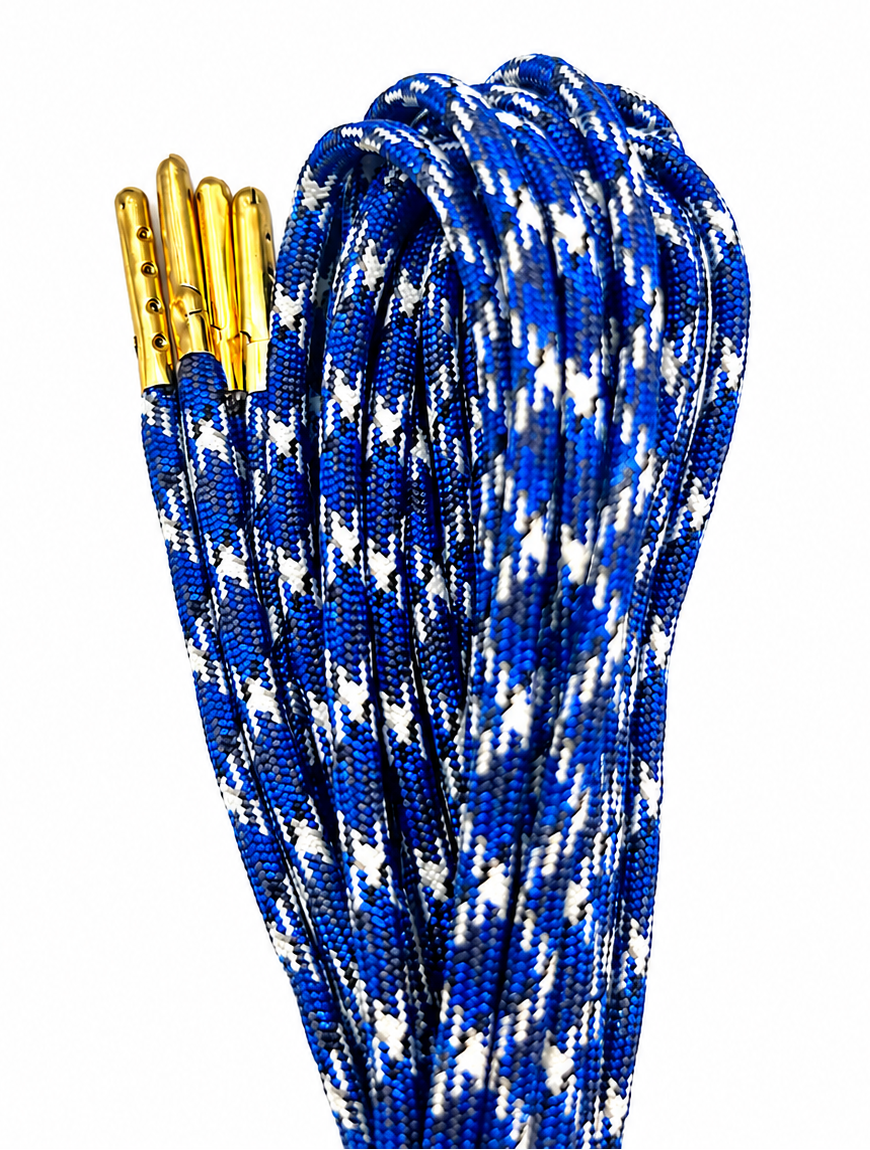 Blue and white patterned paracord skate laces with gold metal tips, photographed on a plain white background.