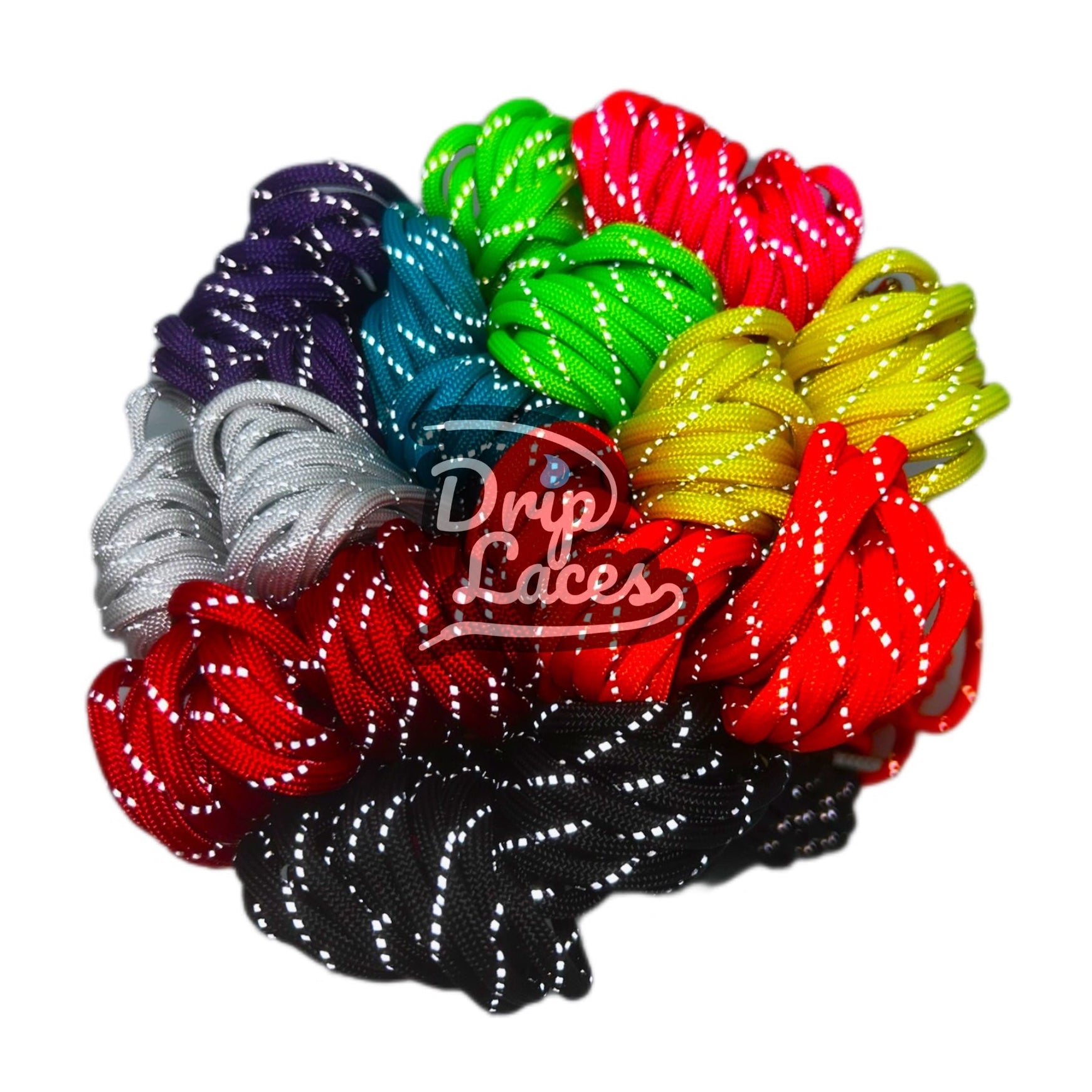 Assorted colorful shoelaces with 'Drip Laces' branding on a white background