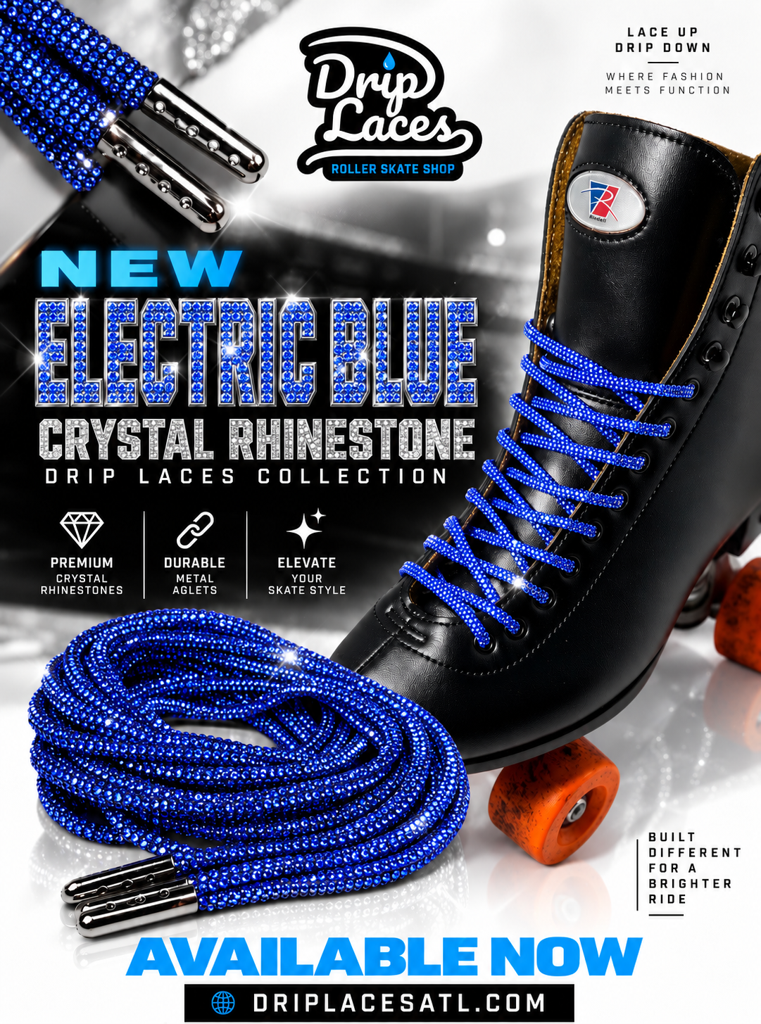 Blue Electric Crystal Rhinestone Roller Skate Laces