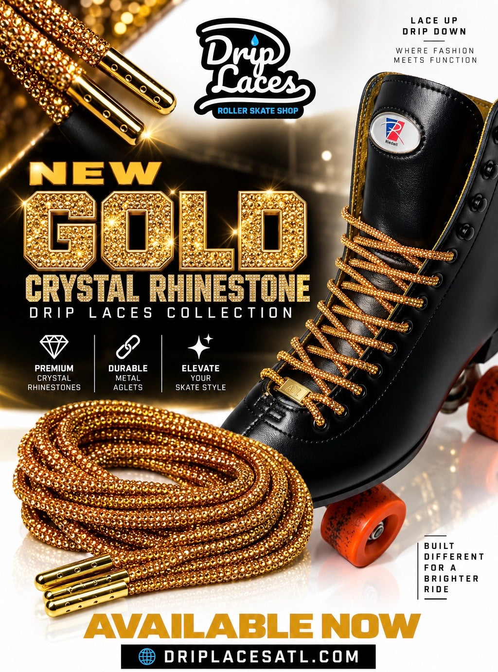 Gold Rush Crystal Rhinestone Roller Skate Laces