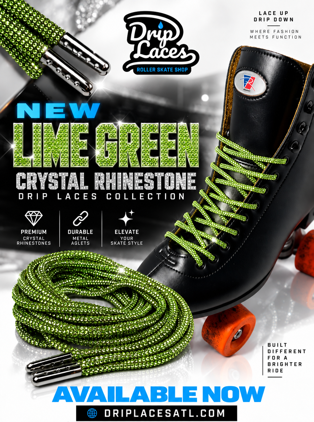Lime Green Crystal Rhinestone Roller Skate Laces