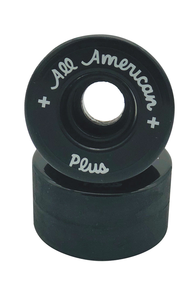 Two black wheels with 'All American Plus' branding on a white background