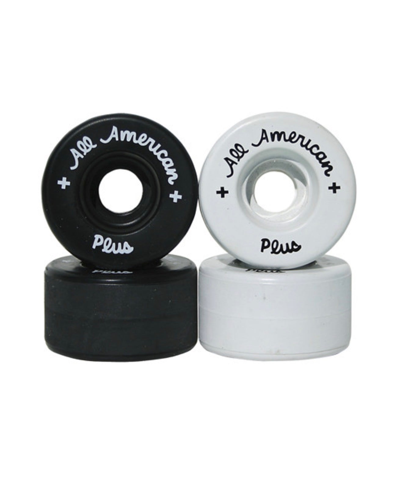 Two skateboard wheels, one black and one white, with 'All American Plus' branding on a white background.