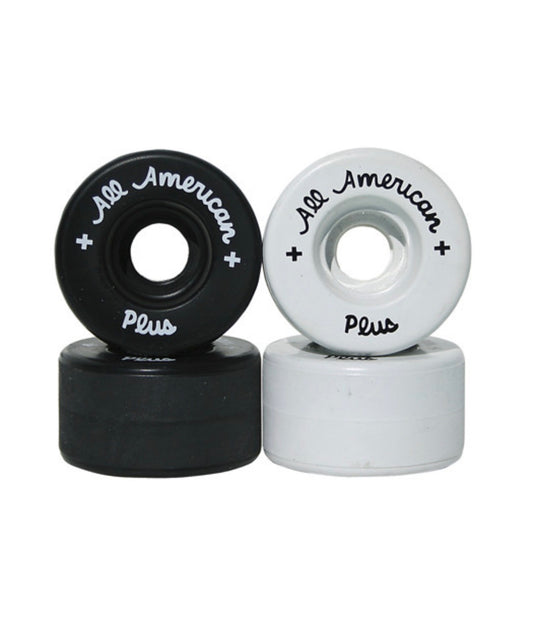 Two skateboard wheels, one black and one white, with 'All American Plus' branding on a white background.