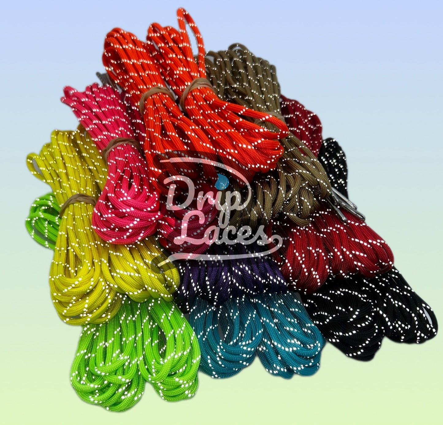 Colorful shoelaces in a bouquet arrangement with 'Drip Laces' branding on a gradient background.
