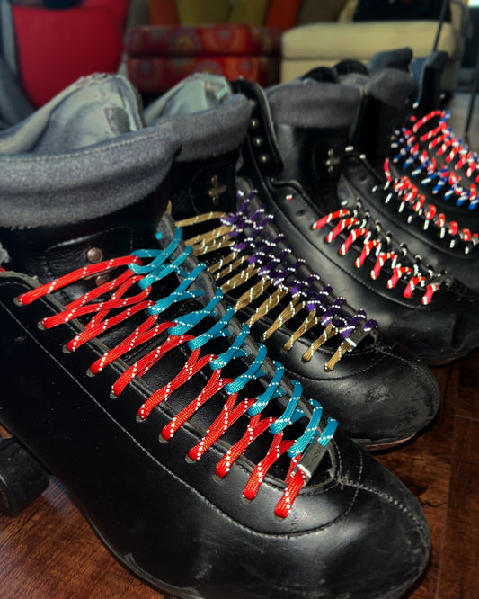 Black Skates with Colorful Two Tone Paracord Roller Skate Laces by DRIP LACES