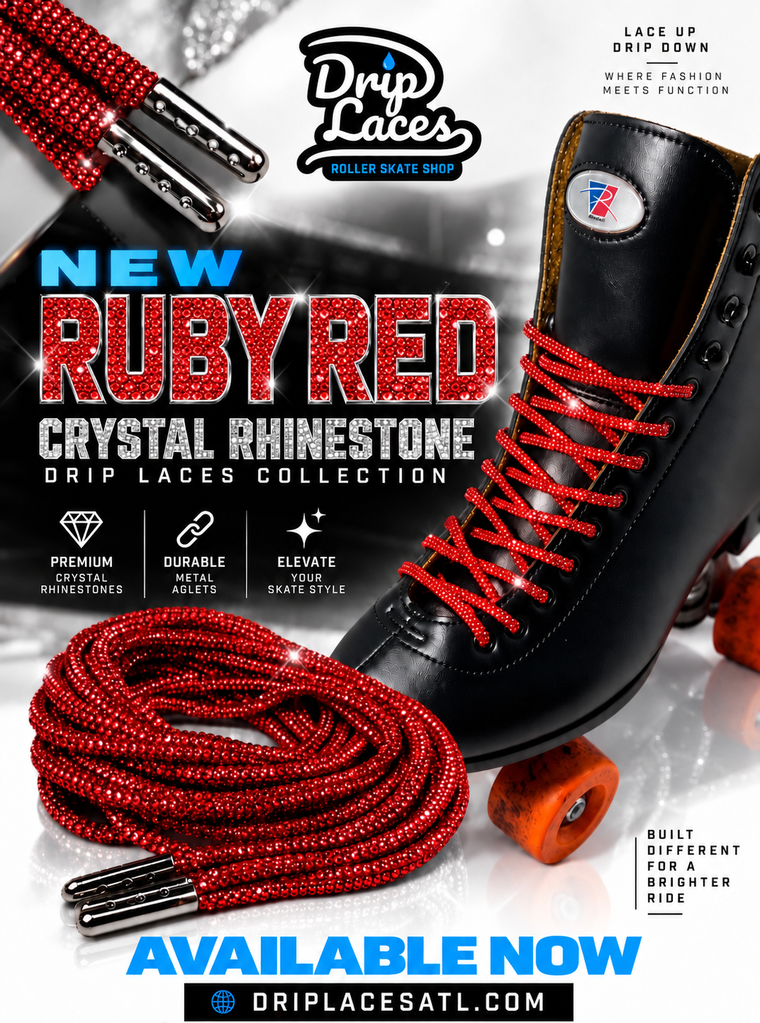 Ruby Red Crystal Rhinestone Roller Skate Laces