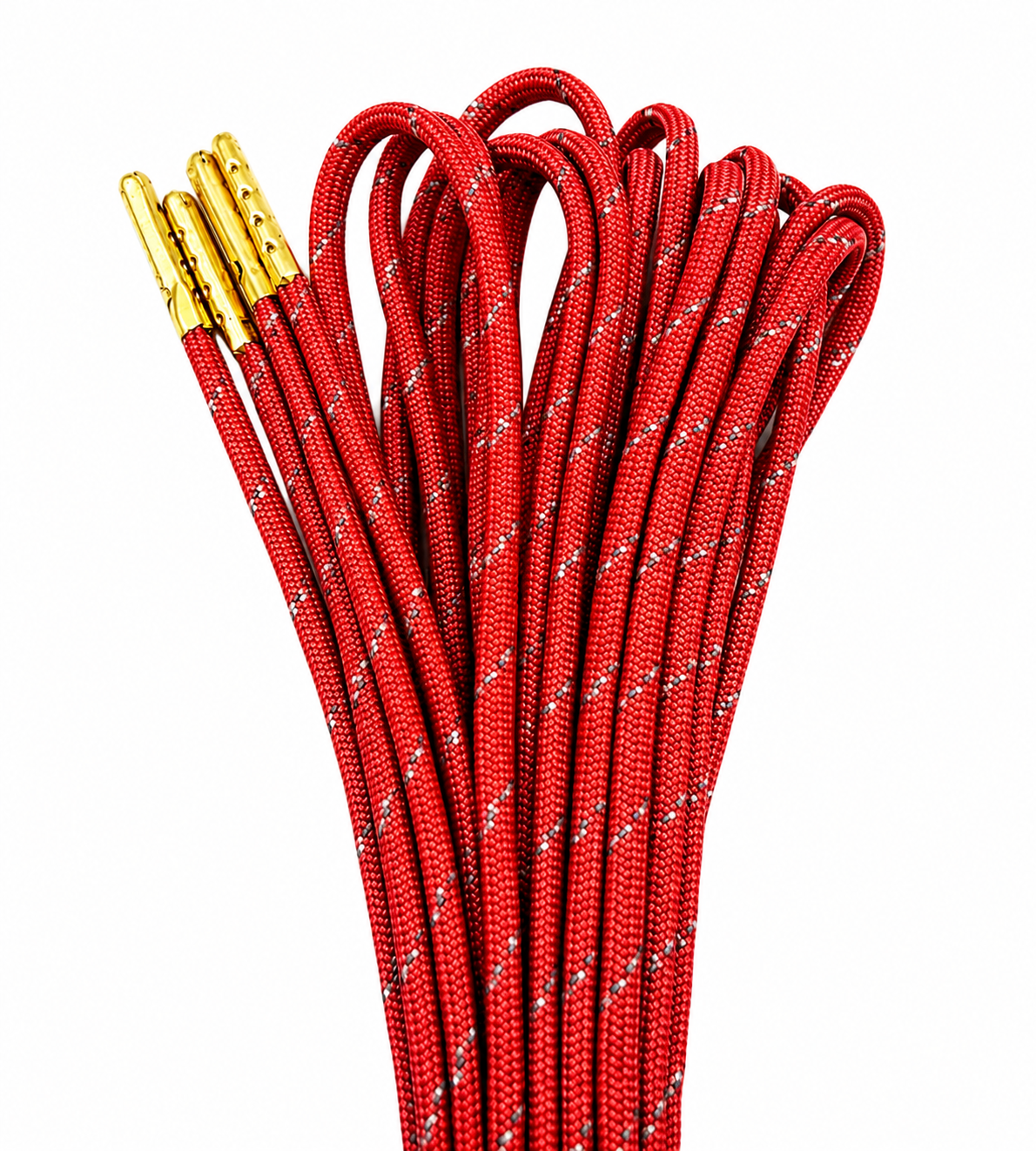 Red paracord skate laces with gold metal aglets against a solid white background.