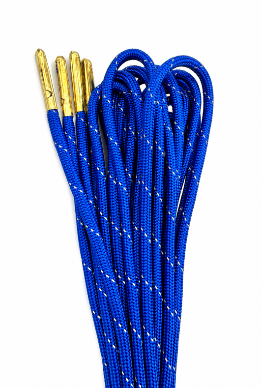 Royal Blue paracord skate laces with gold metal tips on a white background.
