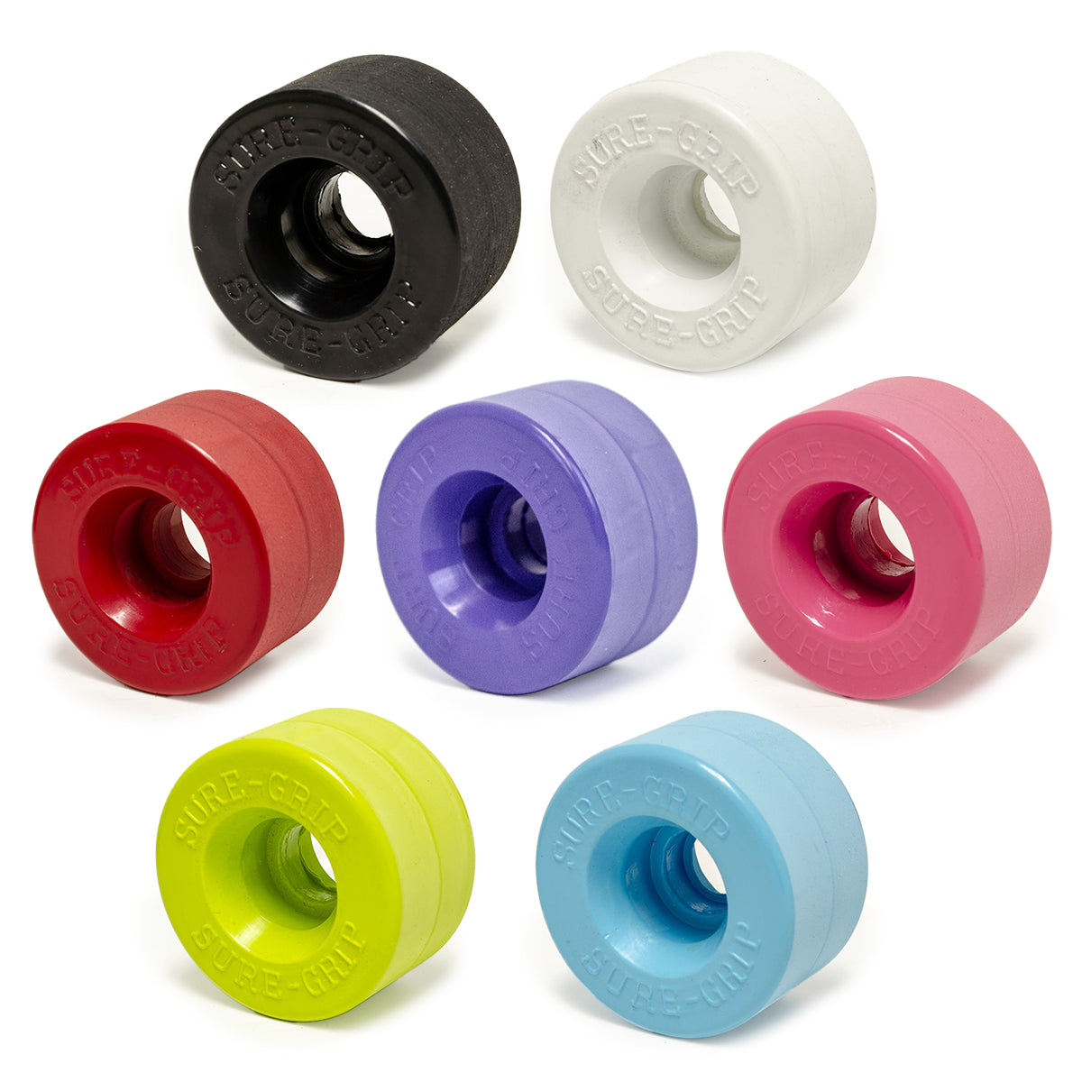 Set of colorful roller skate wheels on a white background