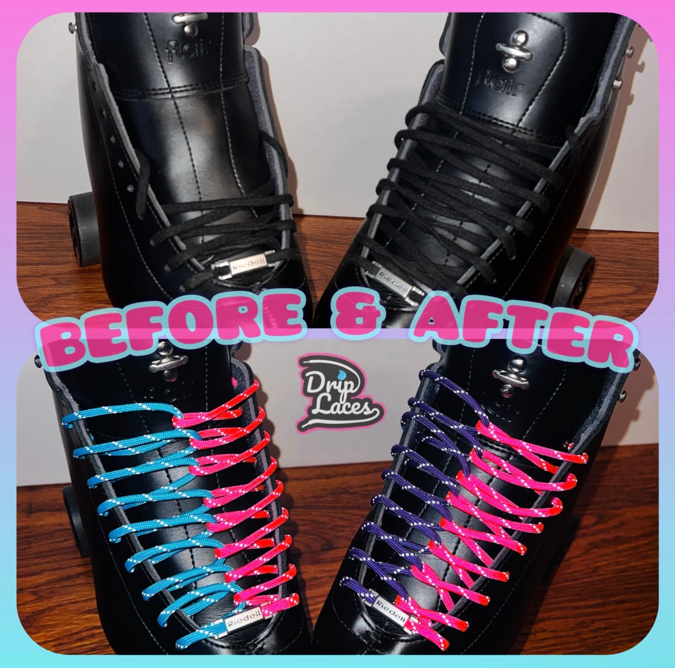 Black roller skates with colorful shoelaces on a wooden floor, labeled 'Before & After' with a brand name.